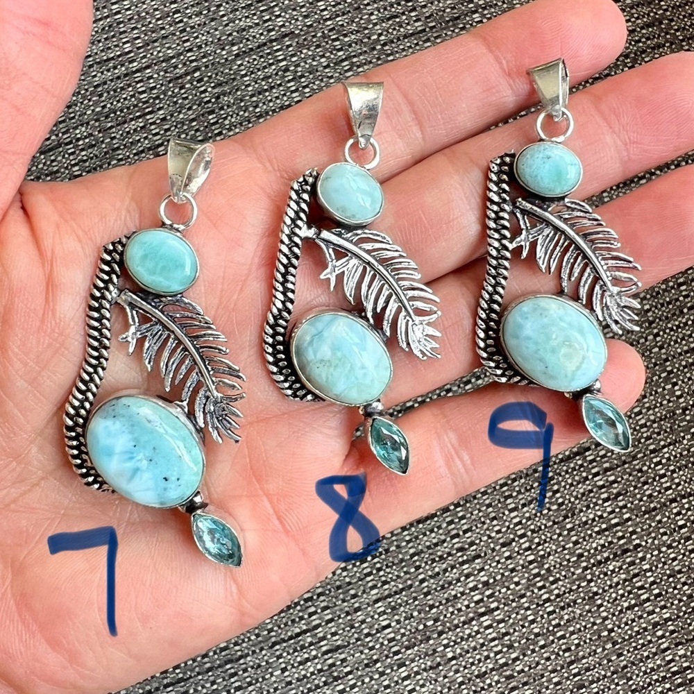 925 Caribbean Larimar + Feather Blue Topaz Necklace Pendant - Picture 10 of 10